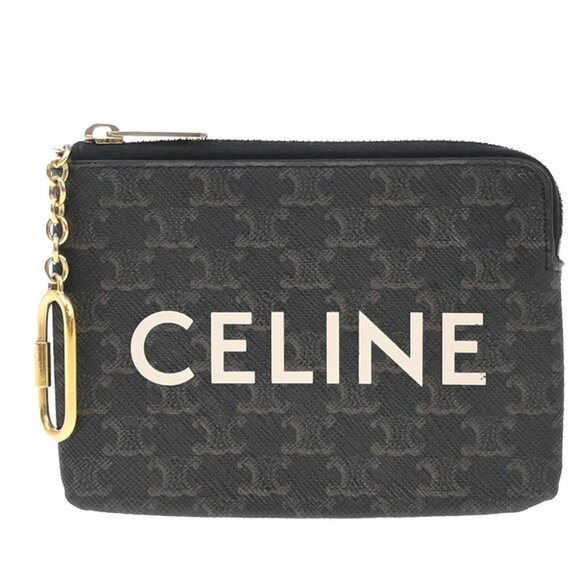 CELINE Logo Coin Card Key Case Triomphe Canvas Leather Black GHW Italy 62KP018 - Picture 1 of 13